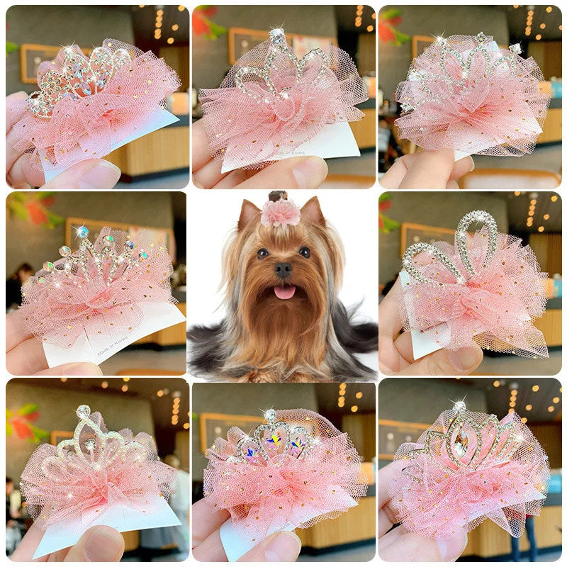 Multicolor Pet Hair Clip Crown Bow – Cute Lace Hairpins for Dogs & Cats
