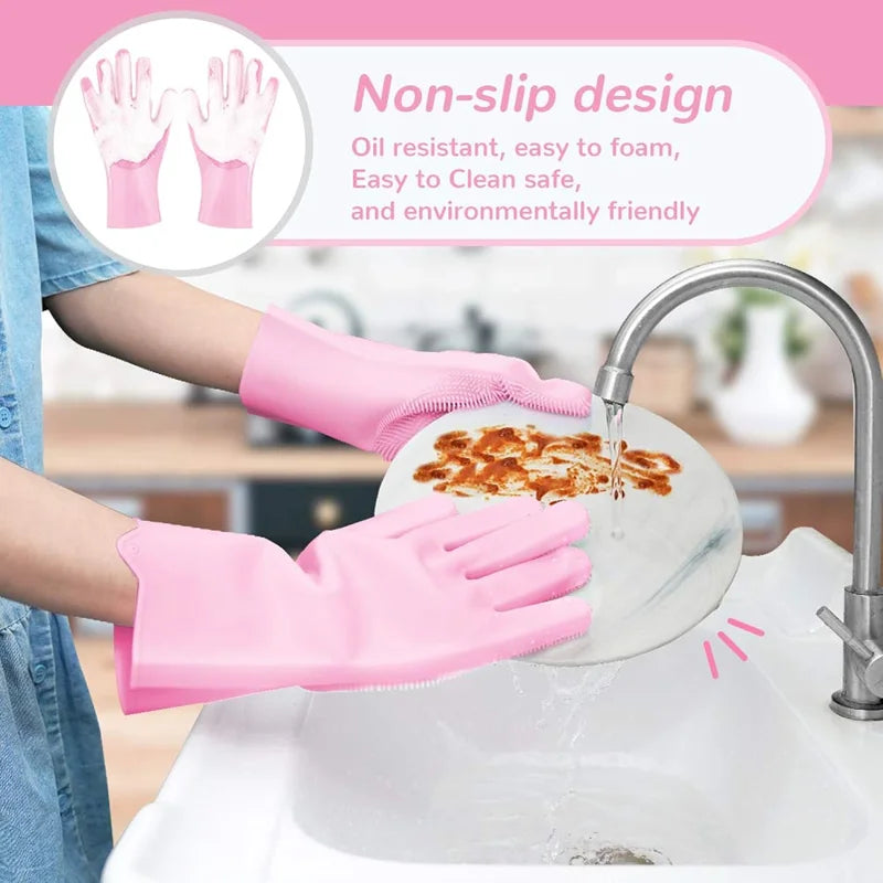 Magic Silicone Rubber Brush Gloves for Dishwashing Kitchen Household Cleaning Cars Pets Bathing Shampoo Reusable Scrubber Gloves