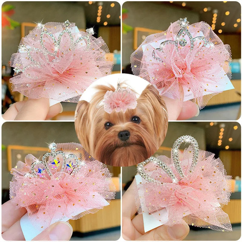 Multicolor Pet Hair Clip Crown Bow – Cute Lace Hairpins for Dogs & Cats